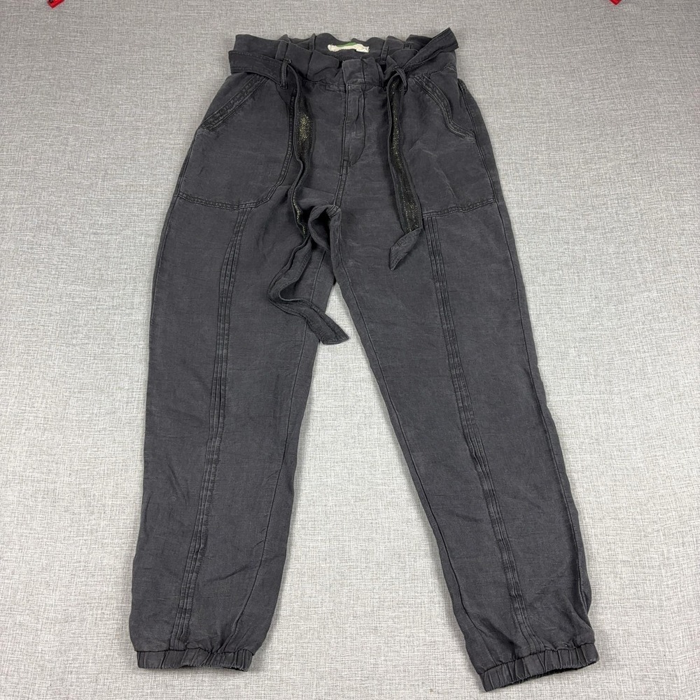 Anthropologie Wanderer Womens 4 Charcoal Gray Linen Paperbag Jogger Pants